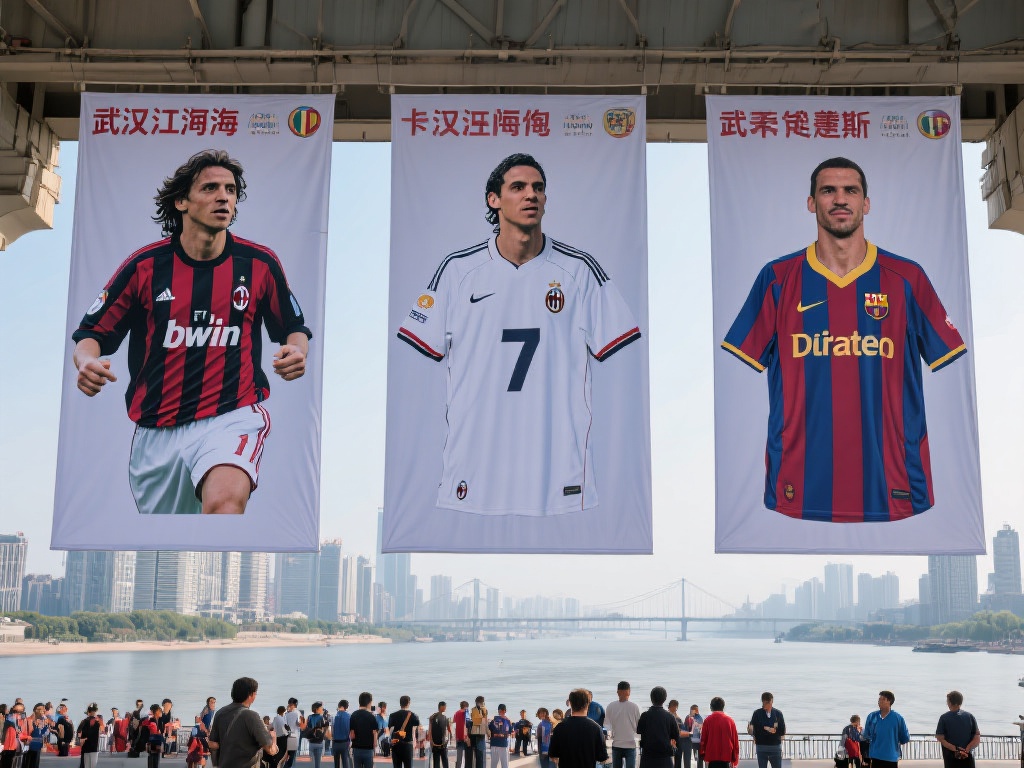 武汉江滩展现足球传奇:巴乔、卡卡、巴蒂巨幅球衣亮相 武汉江滩为何选择悬挂传奇球衣
江滩,这
